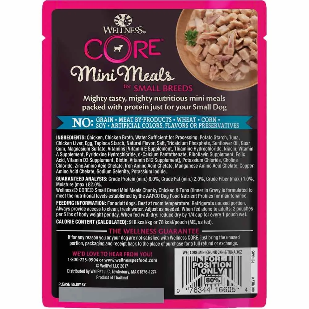 20% OFF: Wellness CORE Mini Meals Chunky Chicken & Tuna Dinner In Gravy Grain-Free Pouch Dog Food 3oz