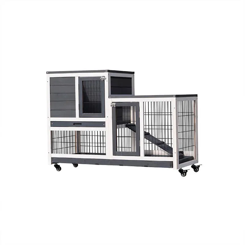 43" Gray Wooden Outdoor Animal Hutch with Removable Pull-out Tray Ramp and Wheels