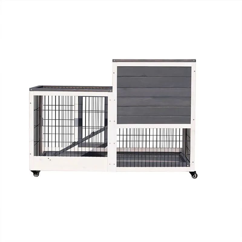 43" Gray Wooden Outdoor Animal Hutch with Removable Pull-out Tray Ramp and Wheels