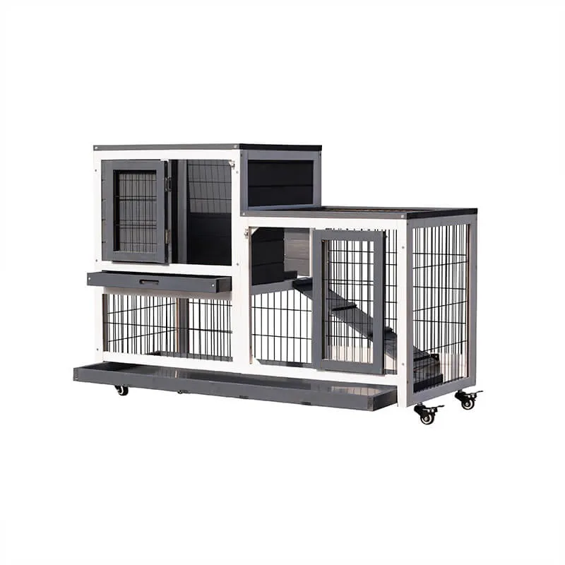 43" Gray Wooden Outdoor Animal Hutch with Removable Pull-out Tray Ramp and Wheels