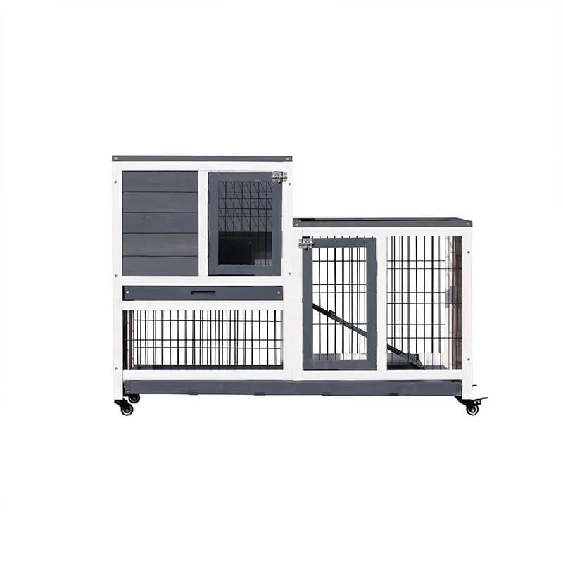 43" Gray Wooden Outdoor Animal Hutch with Removable Pull-out Tray Ramp and Wheels