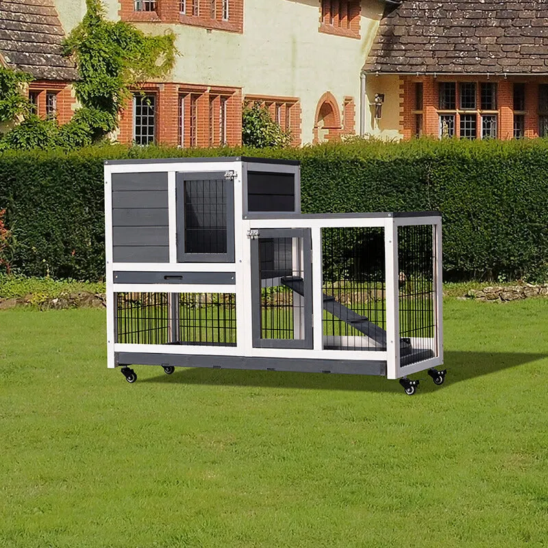 43" Gray Wooden Outdoor Animal Hutch with Removable Pull-out Tray Ramp and Wheels