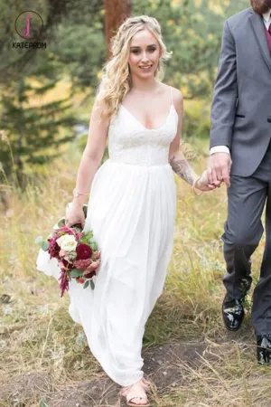 A Line V Neck Spaghetti Strap Wedding Dresses, Beach Wedding Dresses with Lace Top KPW0316