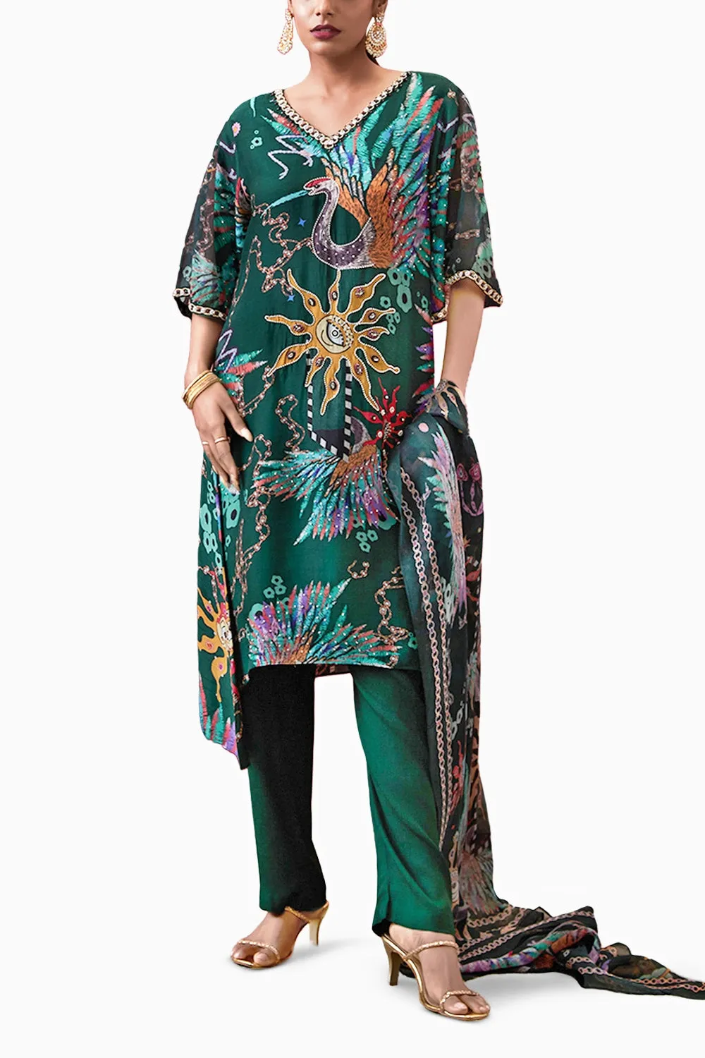 Aisha Embroidered Green Kurta Set
