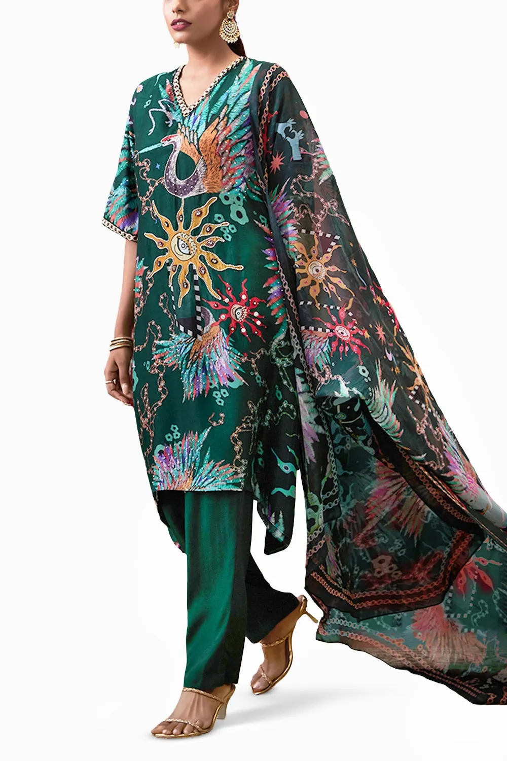 Aisha Embroidered Green Kurta Set