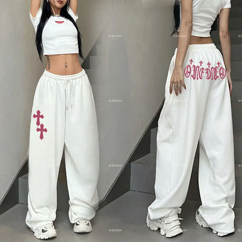 American Vintage High-Waisted Straight-Leg Hiphop Jazz Dance Pants for Women, Printed Versatile Trendy Dance Trousers
