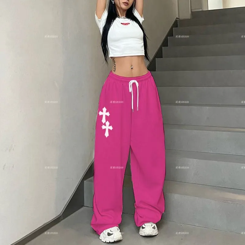 American Vintage High-Waisted Straight-Leg Hiphop Jazz Dance Pants for Women, Printed Versatile Trendy Dance Trousers