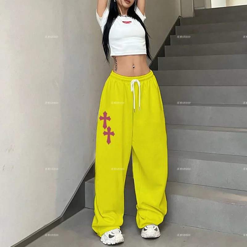 American Vintage High-Waisted Straight-Leg Hiphop Jazz Dance Pants for Women, Printed Versatile Trendy Dance Trousers