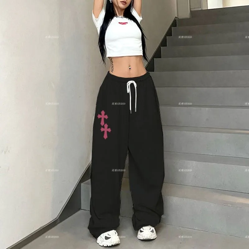 American Vintage High-Waisted Straight-Leg Hiphop Jazz Dance Pants for Women, Printed Versatile Trendy Dance Trousers