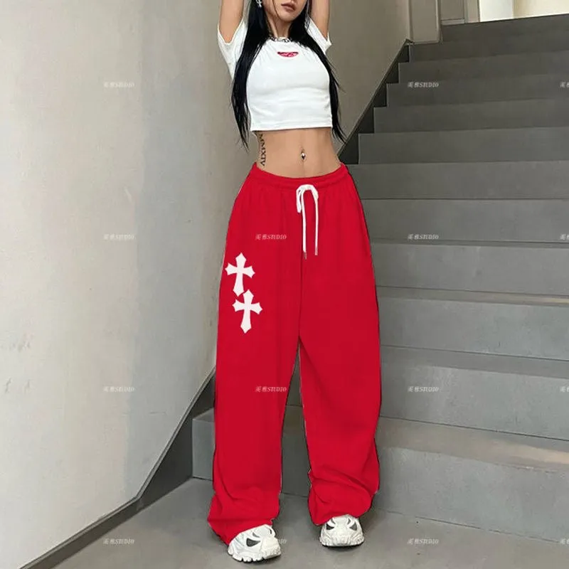American Vintage High-Waisted Straight-Leg Hiphop Jazz Dance Pants for Women, Printed Versatile Trendy Dance Trousers