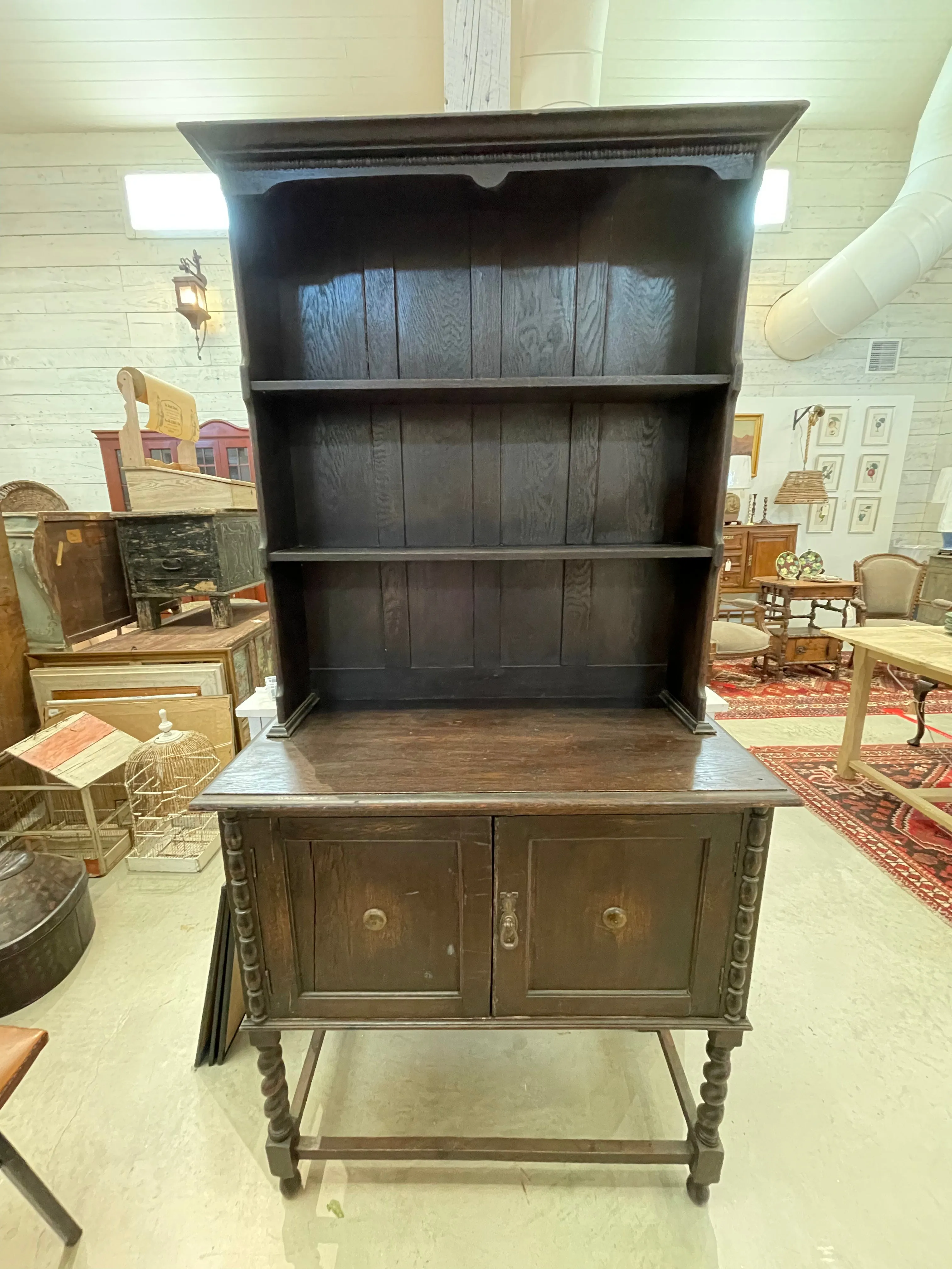 Antique English Oak Welsh Plate Sideboard Barley Twist Petite C. 1920s