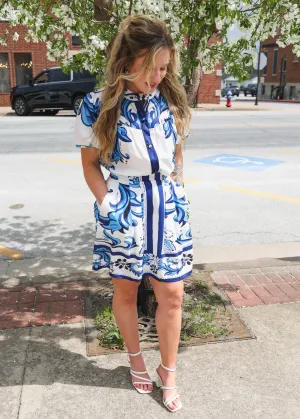 Bali Blue Print Puff Sleeve Shirt and Skirt