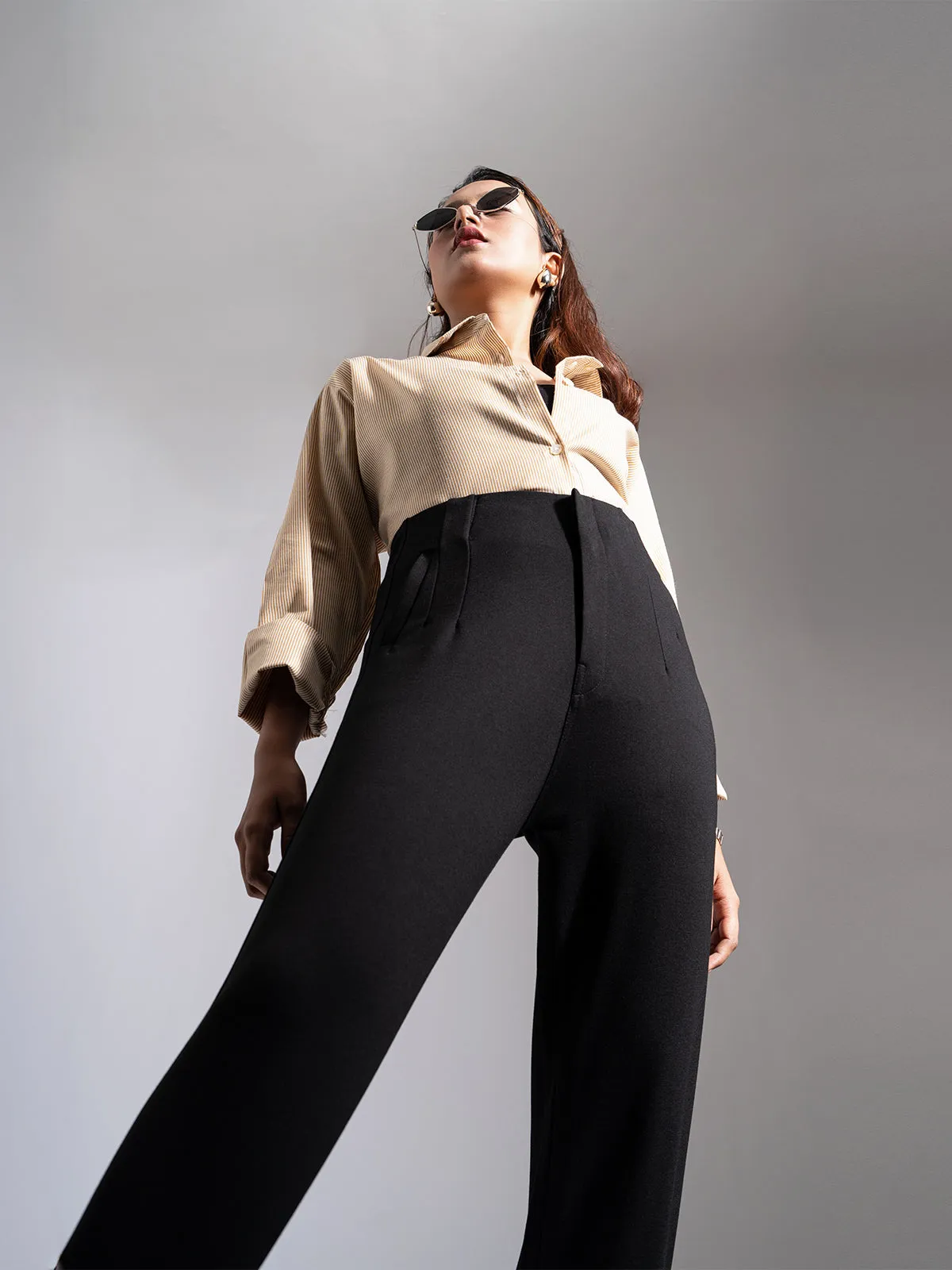 Black Sleek Pleated Detail Korean Pants