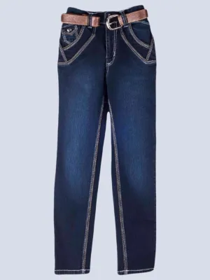 Boys' Dark Wash Denim Jeans with Brown Belt Accent