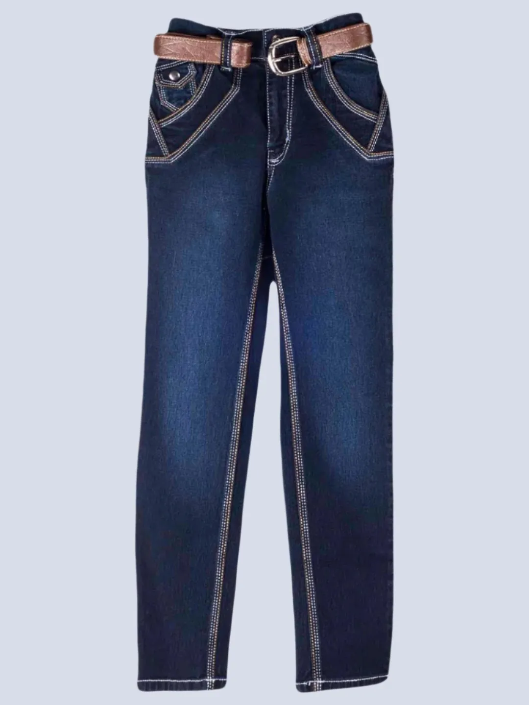 Boys' Dark Wash Denim Jeans with Brown Belt Accent