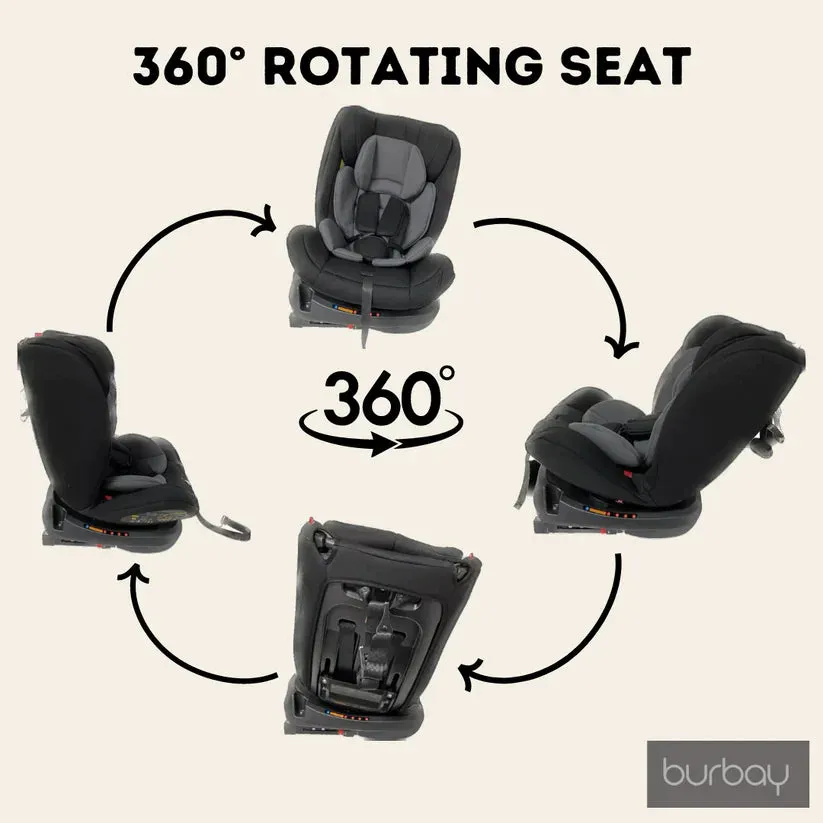 Burbay Grand ISOFIX 360 Rotatable Baby Car Seat AG220 Black grey with Black Age- Newborn to 12 Years