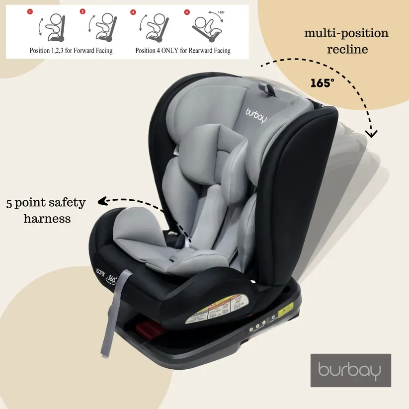 Burbay Grand ISOFIX 360 Rotatable Baby Car Seat AG220 Black grey with Black Age- Newborn to 12 Years