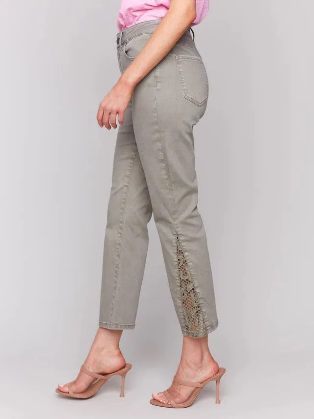 Cactus Lace Cut Side Bootcut Twill Pants - Celadon