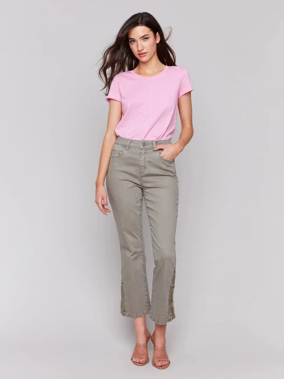 Cactus Lace Cut Side Bootcut Twill Pants - Celadon