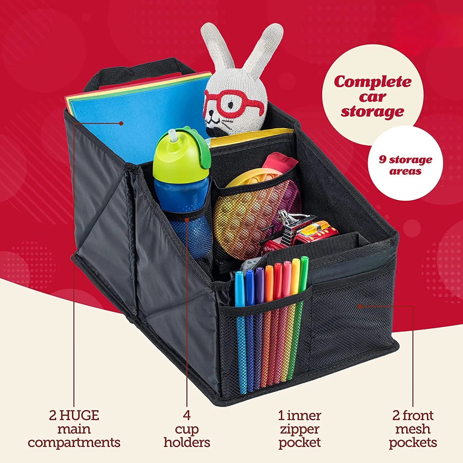 Car Seat Organizer with Cup Holders for Front, Back, Passenger Seats, Truck and Van, Custom For Cars, 9 Auto Storage Compartments for Travel Organization of Trunk, Seats, Mobile Office