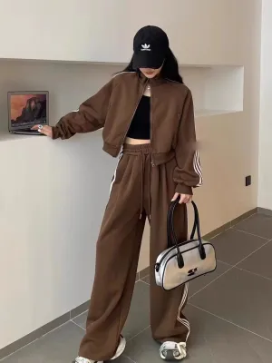 Casual Fashion Set for Women, Autumn/Winter Stylish and Trendy Three-Stripe Stand Collar Jacket with Straight-Leg Wide-Leg Pants Two-Piece Set