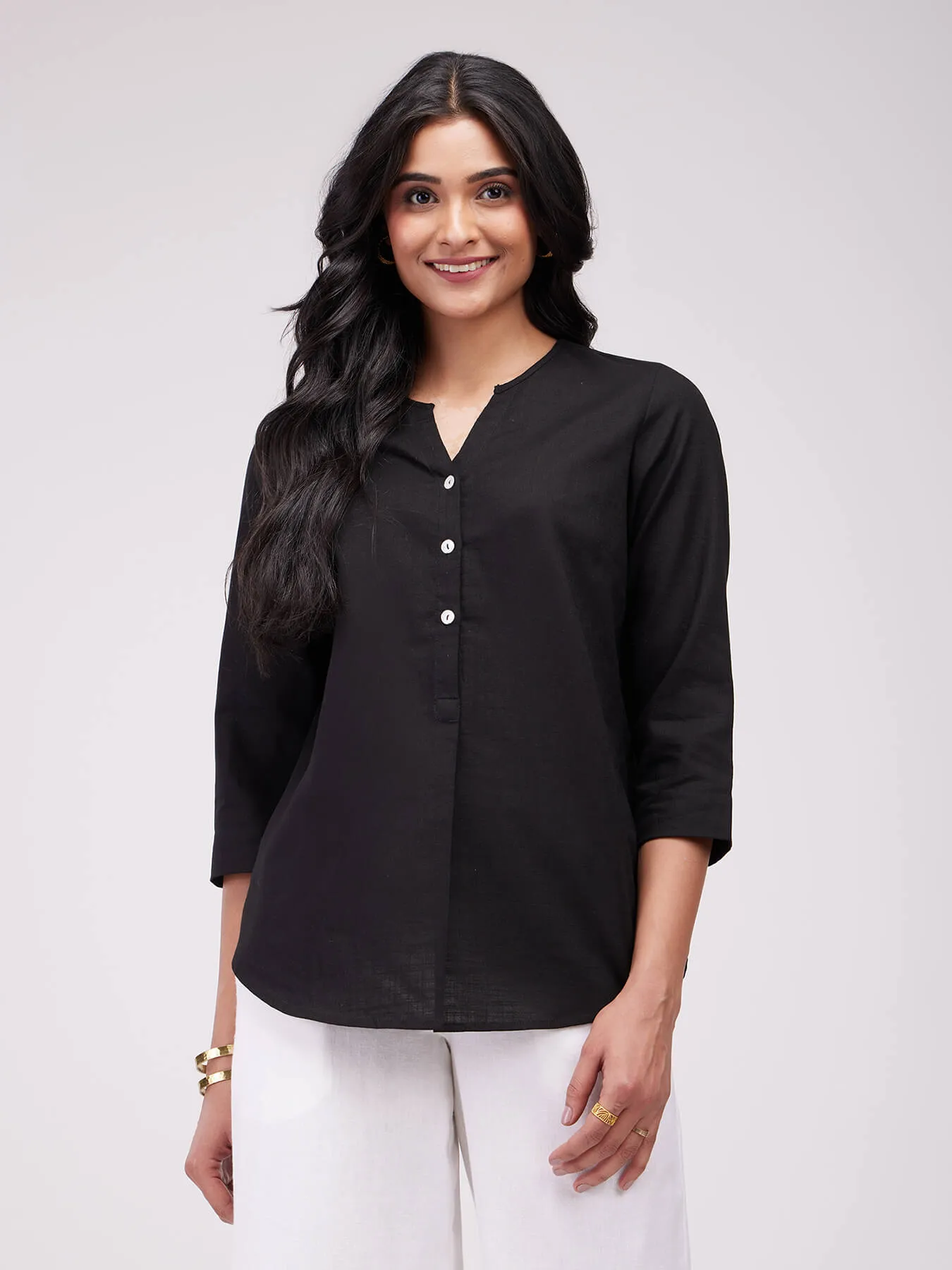 Cotton Solid Pleated Top - Black