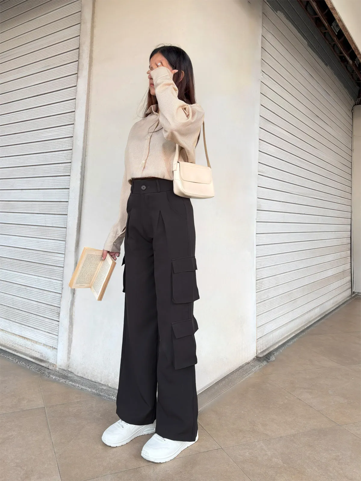 Dark Brown Cargo Wide Leg Korean pants