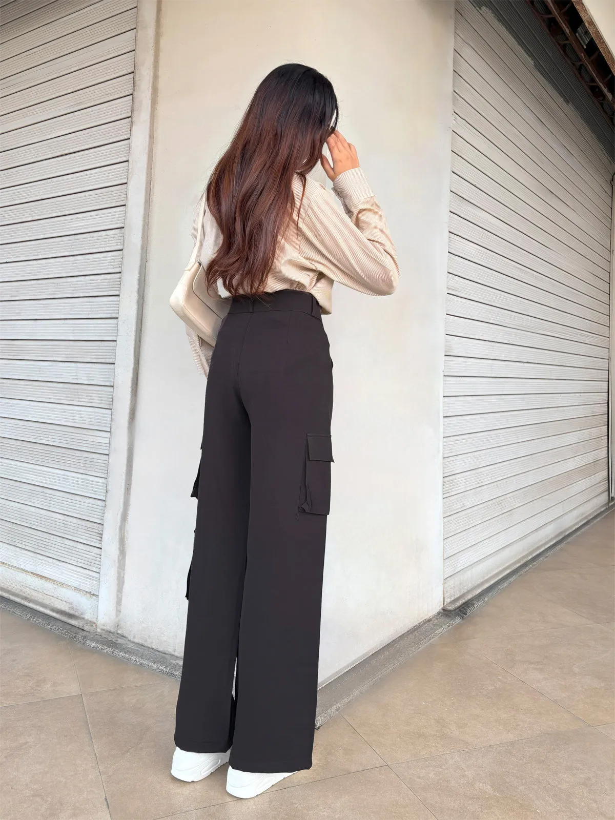 Dark Brown Cargo Wide Leg Korean pants