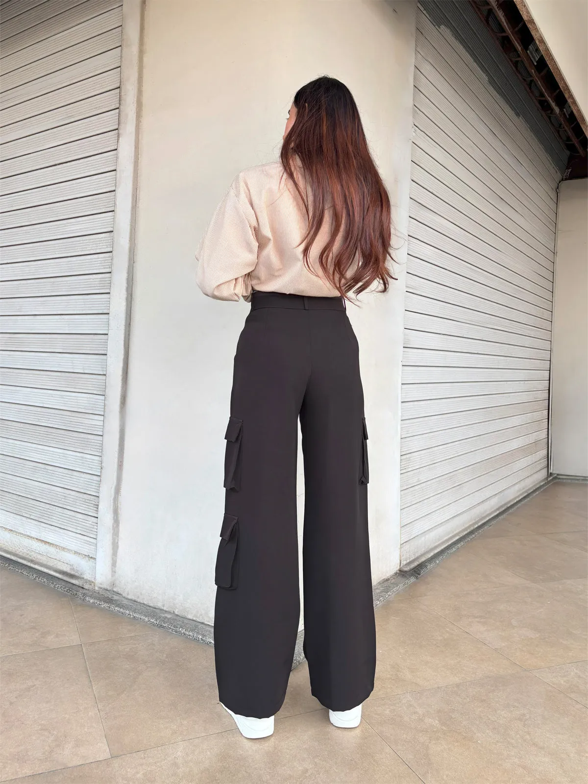 Dark Brown Cargo Wide Leg Korean pants