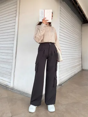 Dark Brown Cargo Wide Leg Korean pants