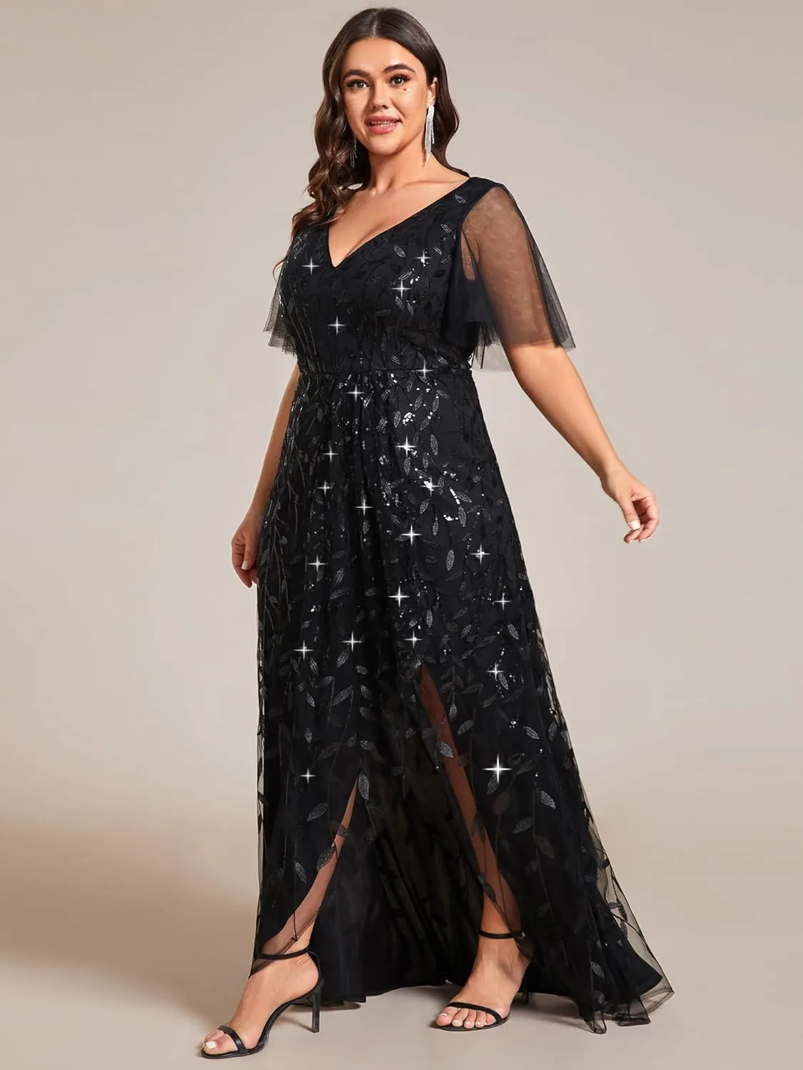 Ever-Pretty Women's Plus Size Gorgeous A Line Side Slit Sequin Embroidered Formal Evening Dress with Sleeves 02083-DA