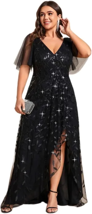 Ever-Pretty Women's Plus Size Gorgeous A Line Side Slit Sequin Embroidered Formal Evening Dress with Sleeves 02083-DA