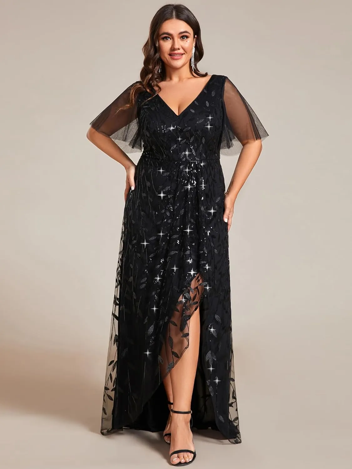 Ever-Pretty Women's Plus Size Gorgeous A Line Side Slit Sequin Embroidered Formal Evening Dress with Sleeves 02083-DA