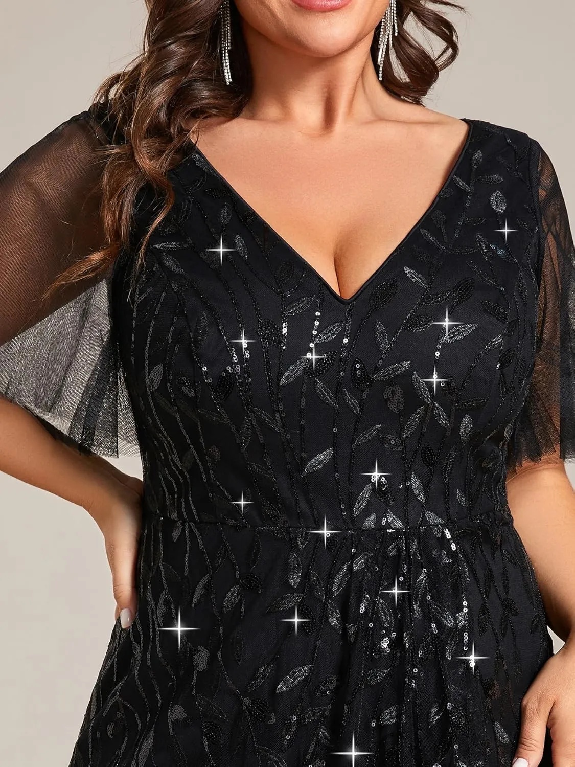 Ever-Pretty Women's Plus Size Gorgeous A Line Side Slit Sequin Embroidered Formal Evening Dress with Sleeves 02083-DA