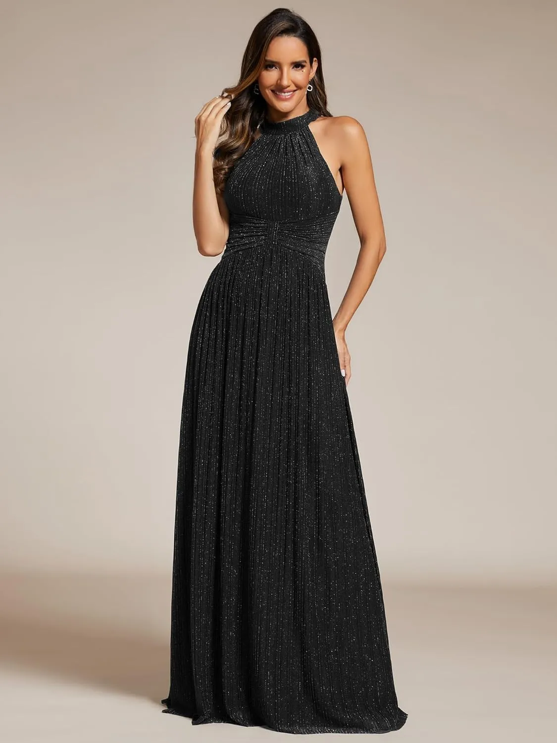 Ever-Pretty Women's Summer Halter Sleeveless Pletaed Floor Length Glitter Formal Evening Dresses 41961