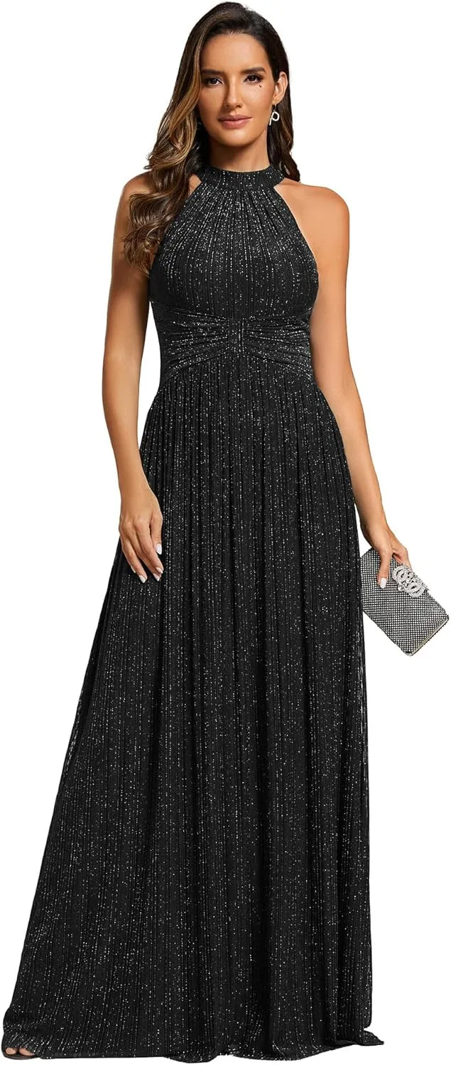 Ever-Pretty Women's Summer Halter Sleeveless Pletaed Floor Length Glitter Formal Evening Dresses 41961