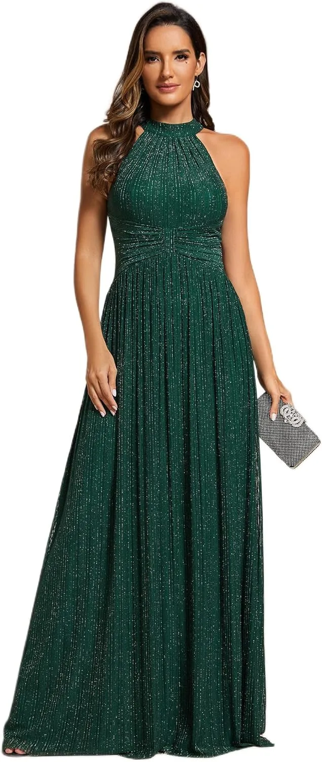 Ever-Pretty Women's Summer Halter Sleeveless Pletaed Floor Length Glitter Formal Evening Dresses 41961