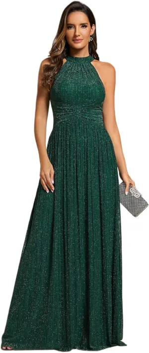 Ever-Pretty Women's Summer Halter Sleeveless Pletaed Floor Length Glitter Formal Evening Dresses 41961