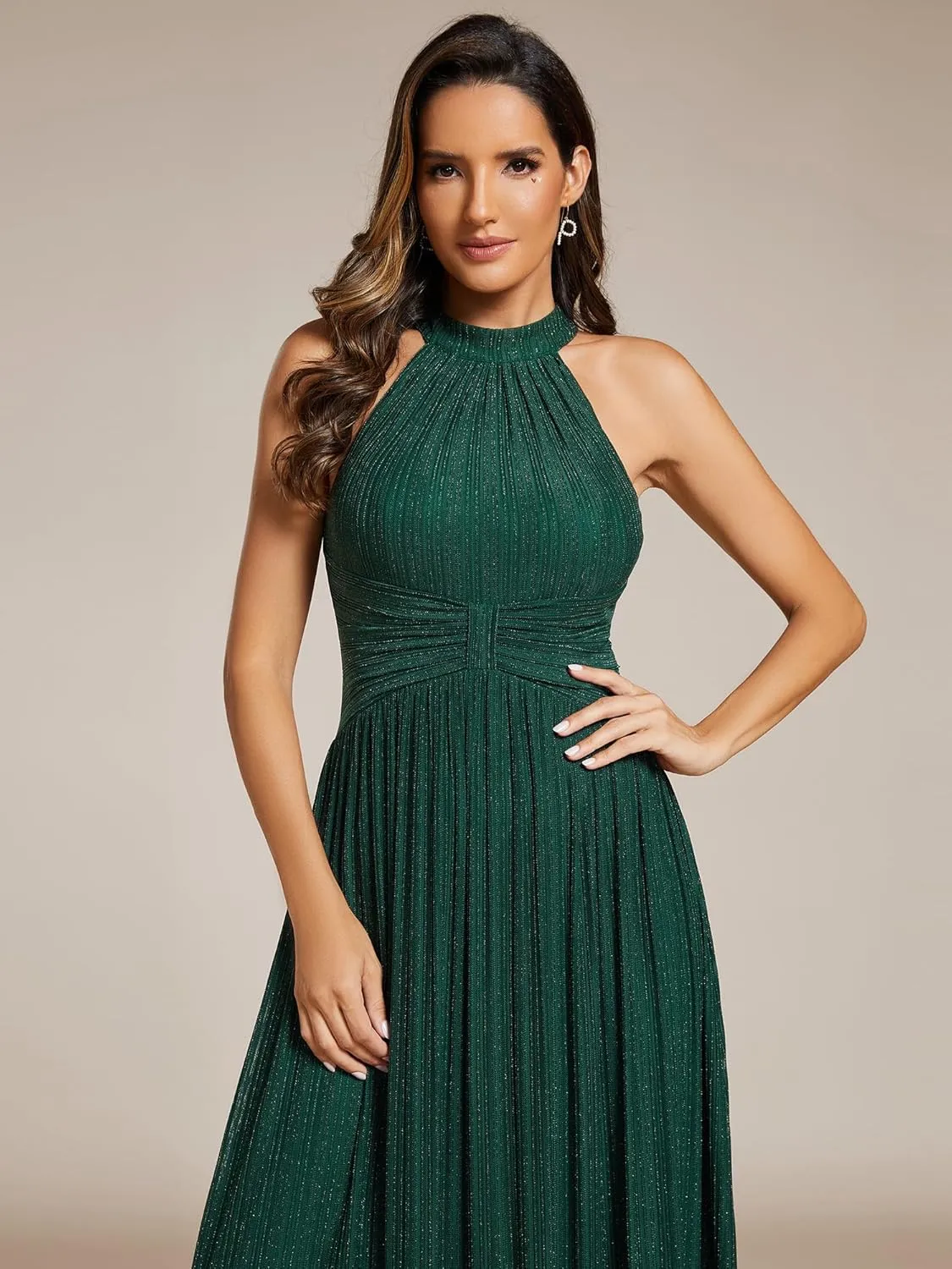 Ever-Pretty Women's Summer Halter Sleeveless Pletaed Floor Length Glitter Formal Evening Dresses 41961