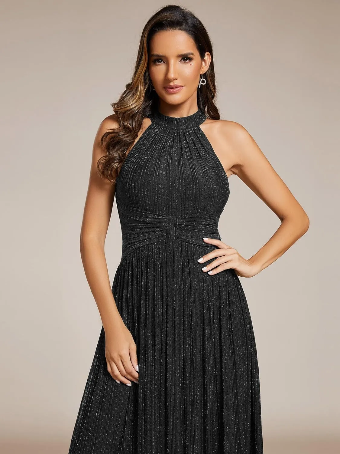 Ever-Pretty Women's Summer Halter Sleeveless Pletaed Floor Length Glitter Formal Evening Dresses 41961