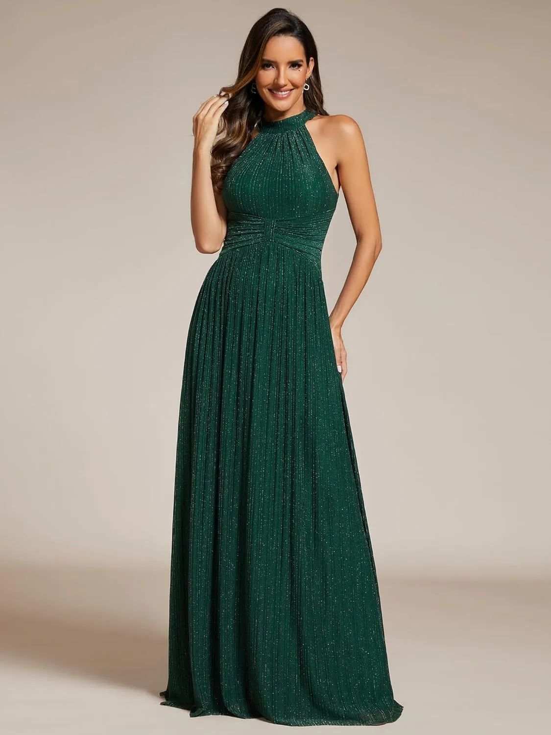 Ever-Pretty Women's Summer Halter Sleeveless Pletaed Floor Length Glitter Formal Evening Dresses 41961