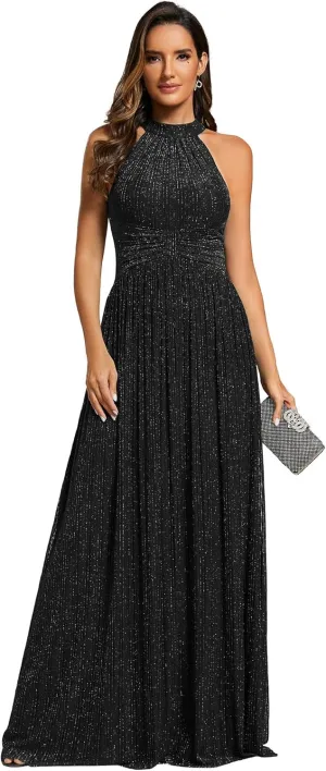 Ever-Pretty Women's Summer Halter Sleeveless Pletaed Floor Length Glitter Formal Evening Dresses 41961