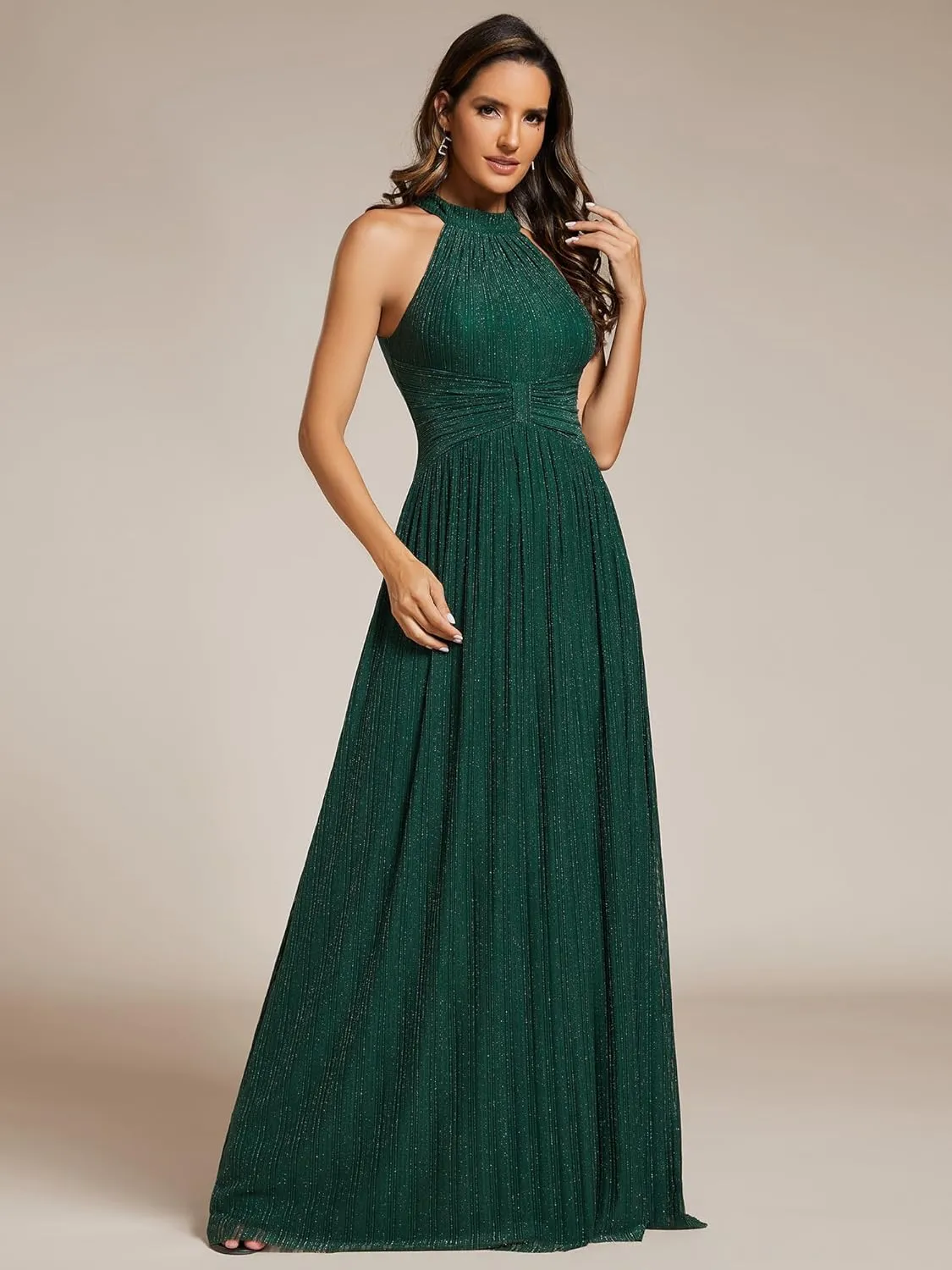 Ever-Pretty Women's Summer Halter Sleeveless Pletaed Floor Length Glitter Formal Evening Dresses 41961
