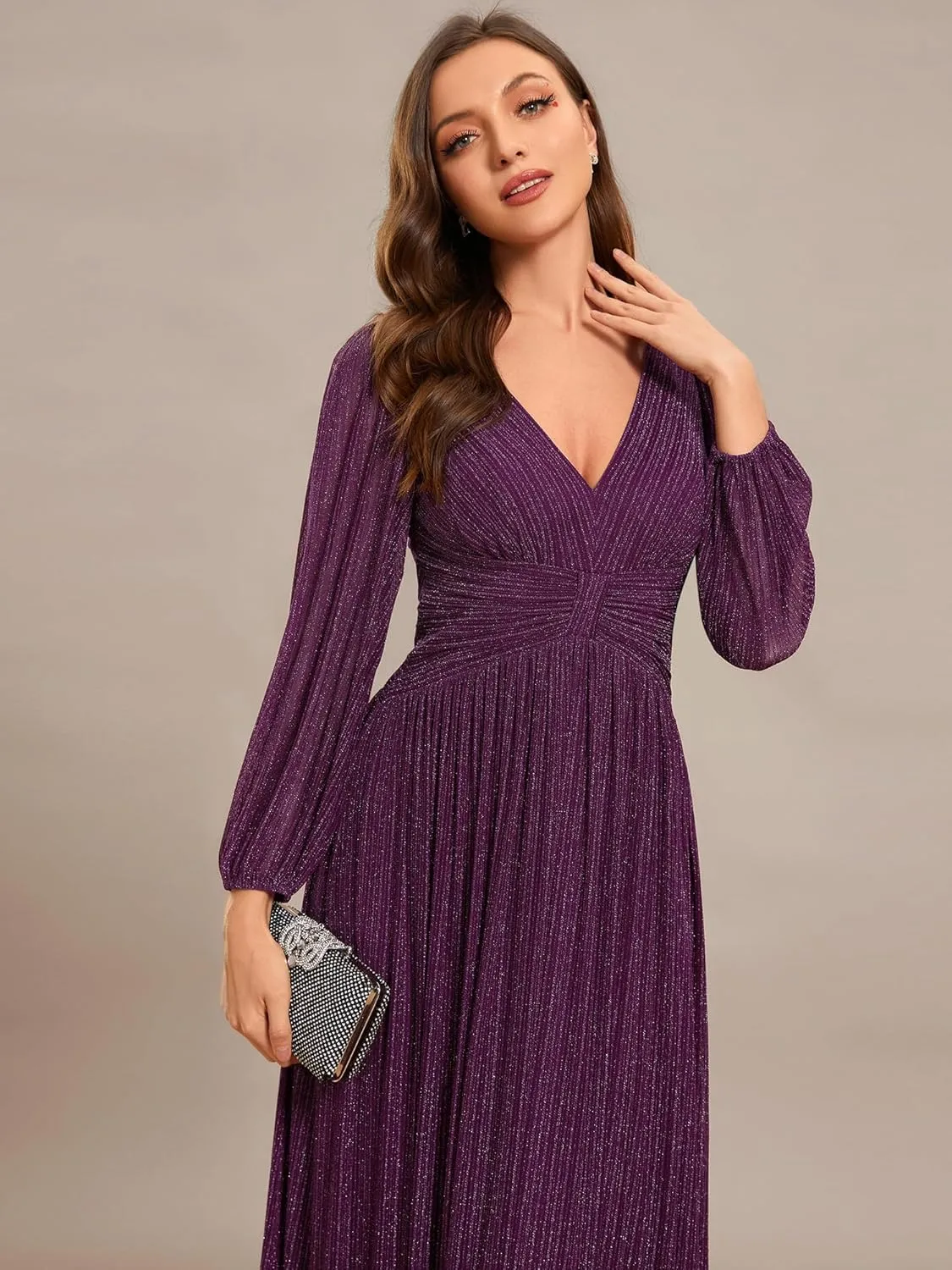 Ever-Pretty Women's V Neck Ruched High Waist Long Sleeves Floor Length Glitter Evening Dresses 01961