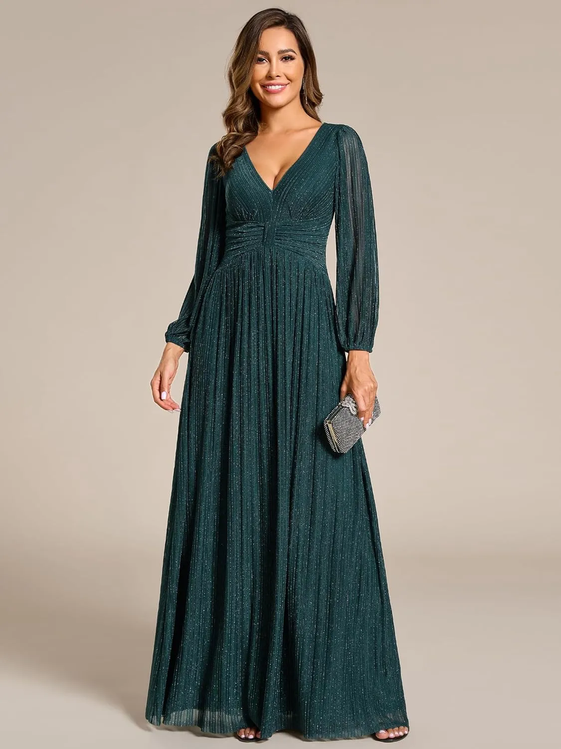 Ever-Pretty Women's V Neck Ruched High Waist Long Sleeves Floor Length Glitter Evening Dresses 01961