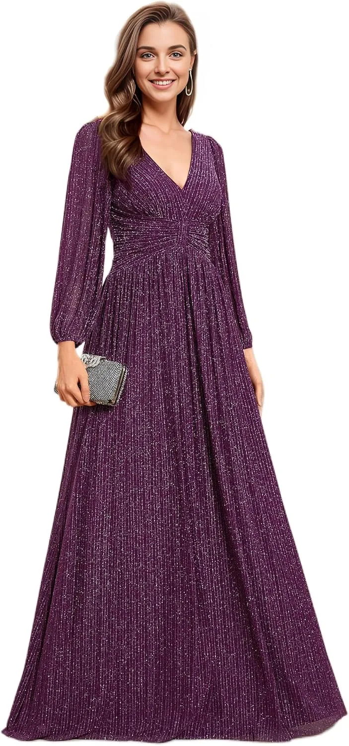 Ever-Pretty Women's V Neck Ruched High Waist Long Sleeves Floor Length Glitter Evening Dresses 01961