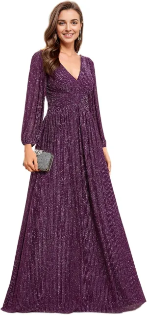 Ever-Pretty Women's V Neck Ruched High Waist Long Sleeves Floor Length Glitter Evening Dresses 01961