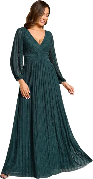 Ever-Pretty Women's V Neck Ruched High Waist Long Sleeves Floor Length Glitter Evening Dresses 01961