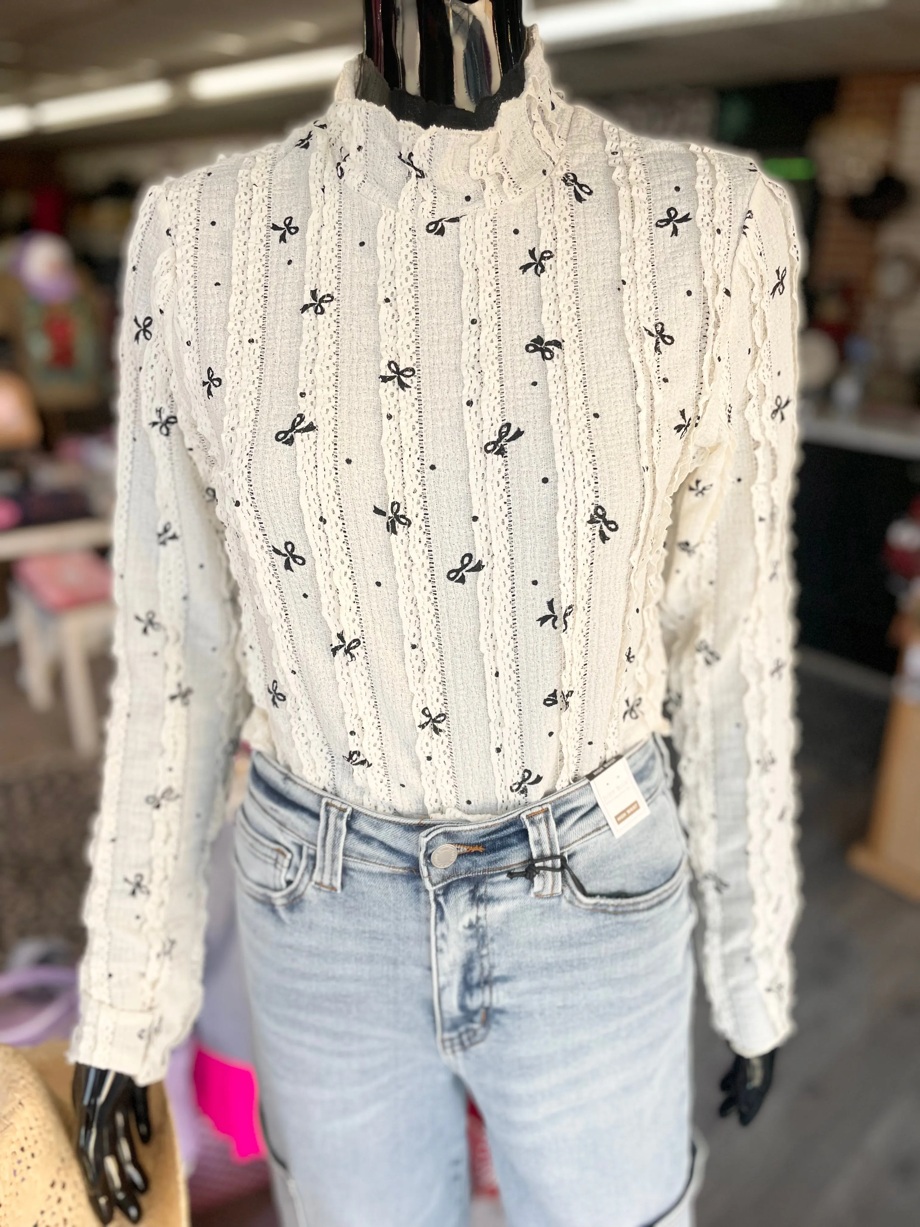 Frilly Ivory Lace Bow Long Sleeve Top