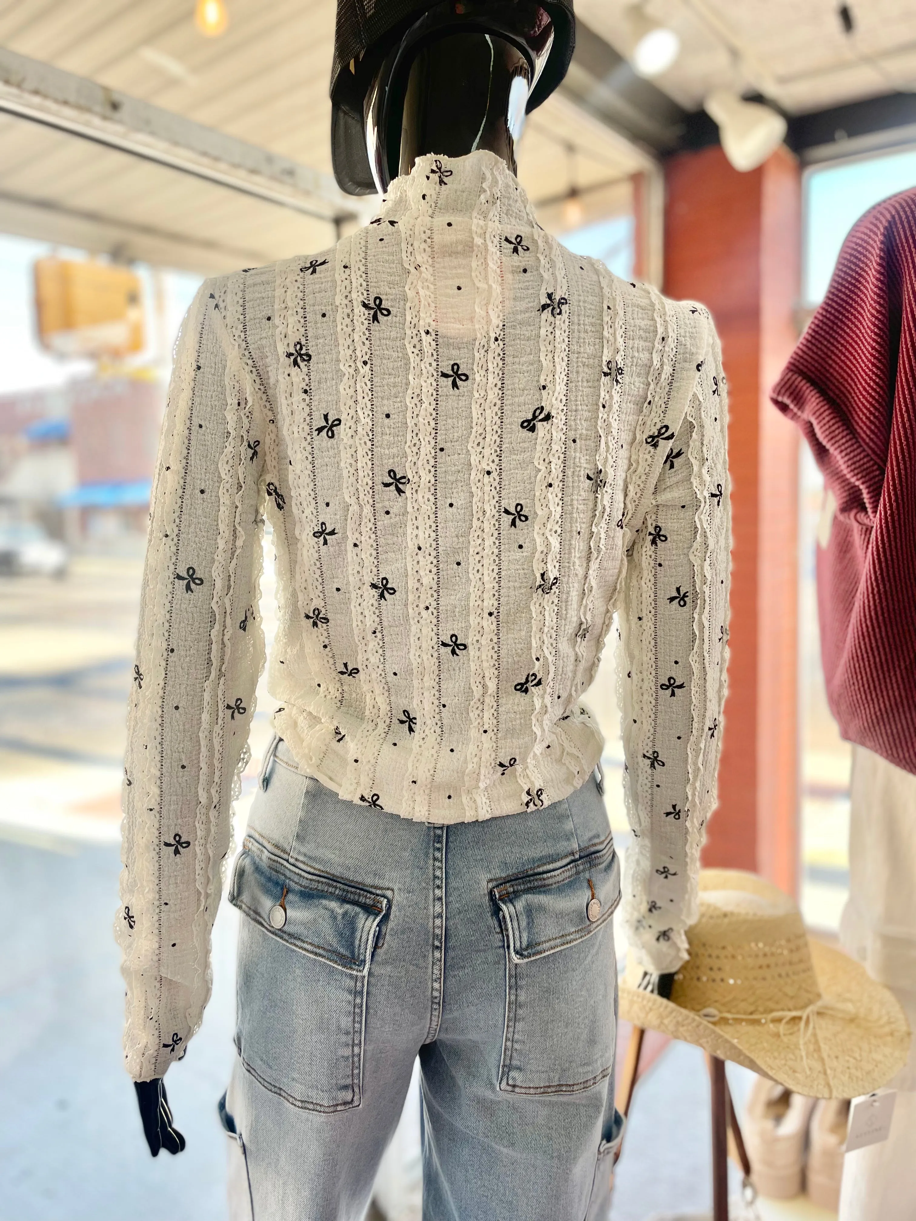 Frilly Ivory Lace Bow Long Sleeve Top